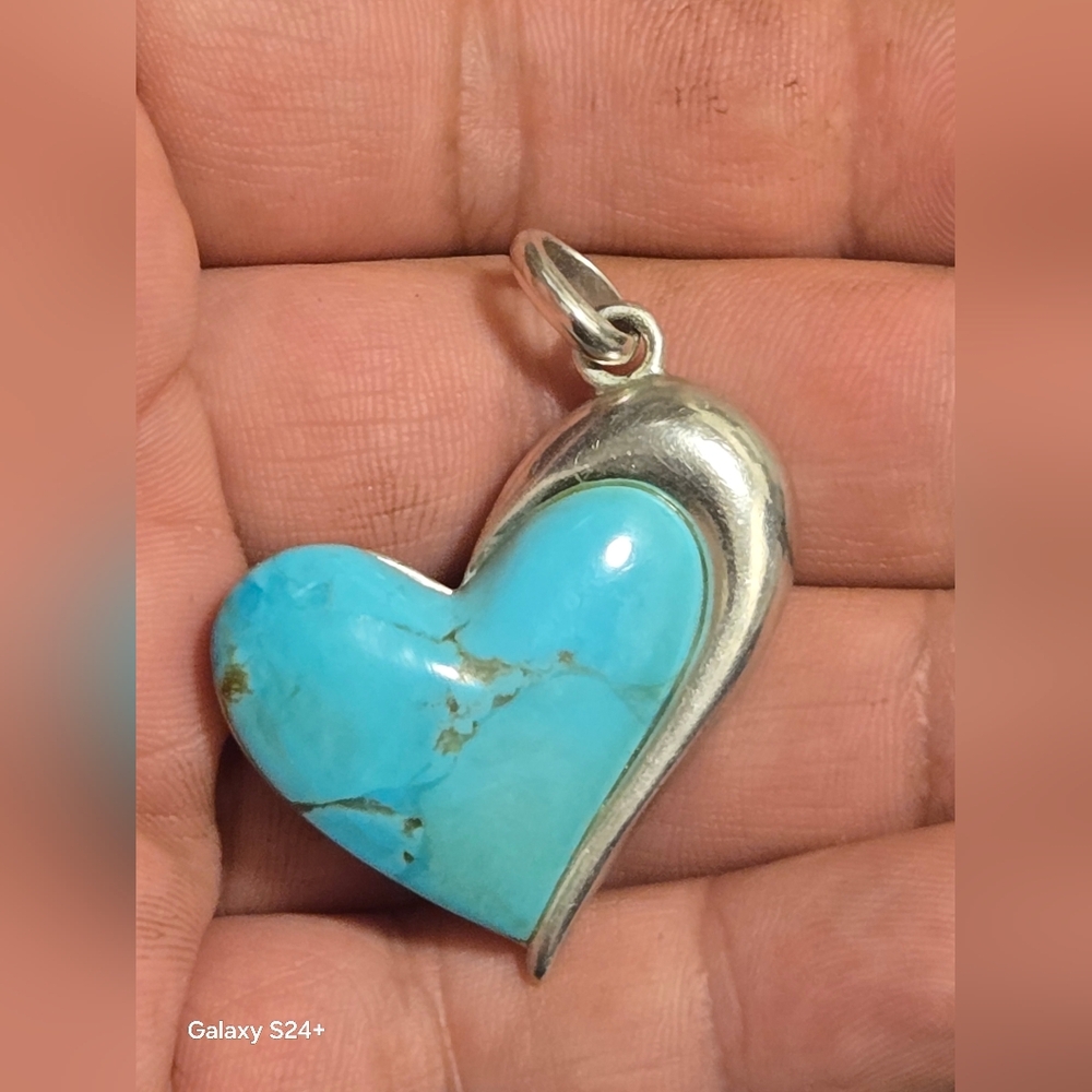 LARGE Sterling Silver Turquoise Heart Pendant